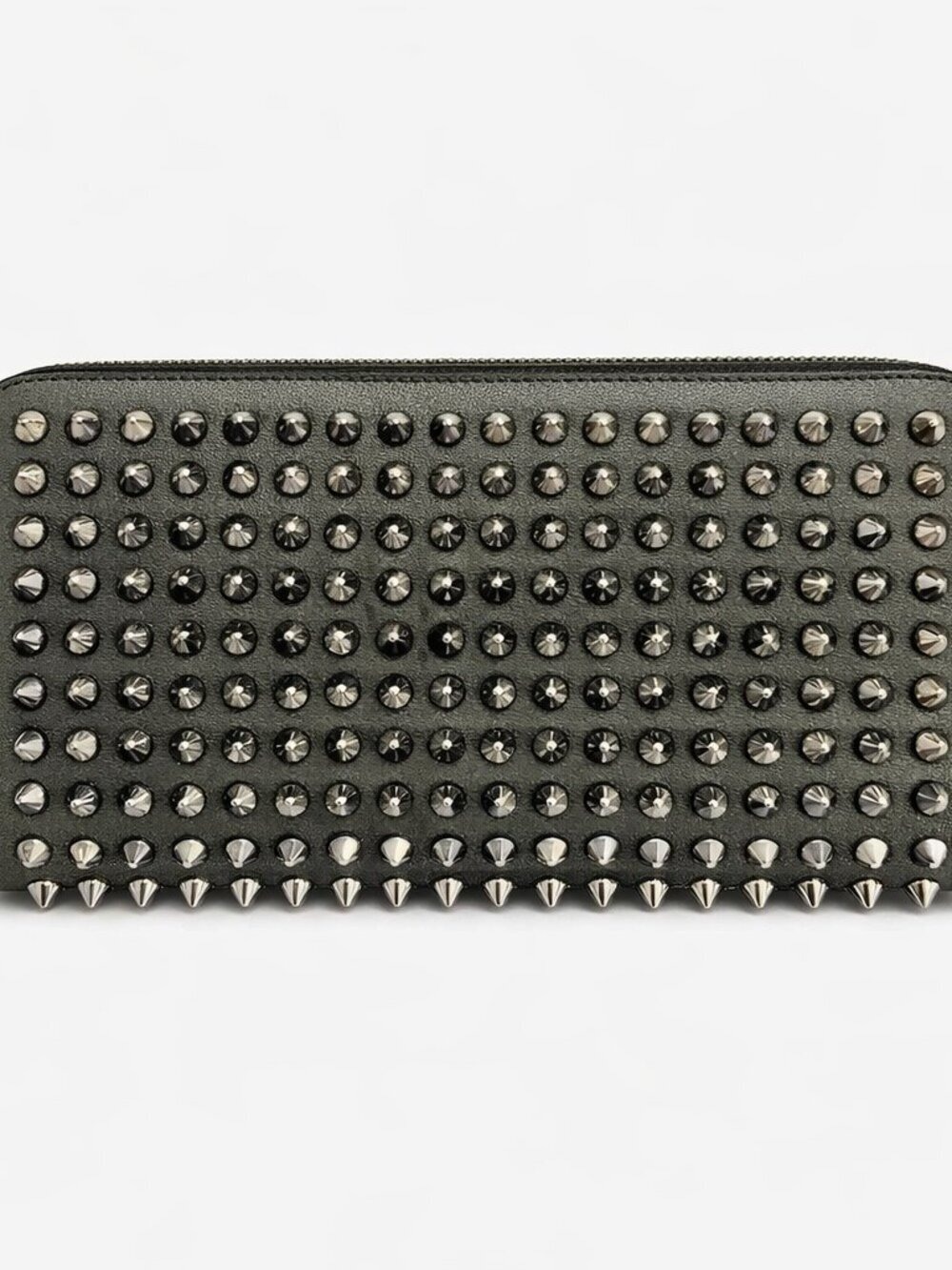 Christian Louboutin Panettone Gunmetal Spiked Zip Wallet Red Interior EUC